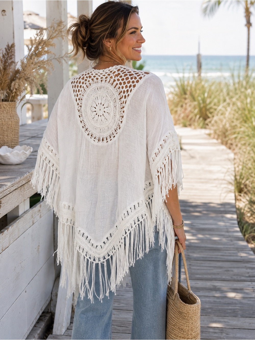 White Crochet Fringe Boho Kimono Cardigan Festival Beach Cover Up One‎ Size Wrap
